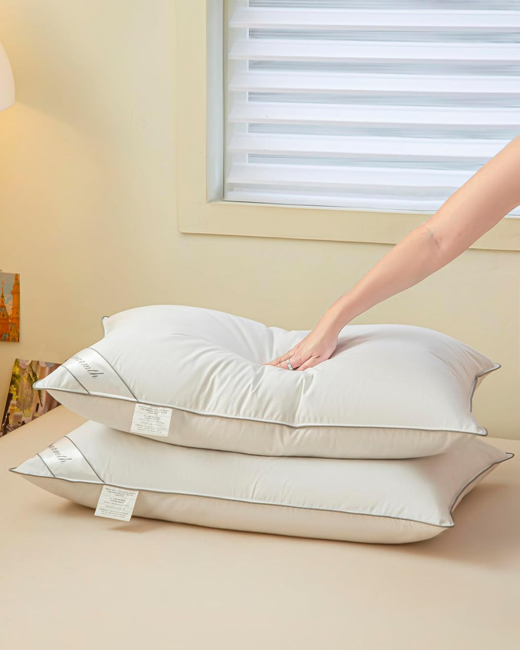 Eastwarmth Goose Feathers Down Pillows for Sleeping, Hotel Collection Bed Pillow with Grey Piping Queen Size (20X30IN) 1 Pack 1 Pack 44oz C…