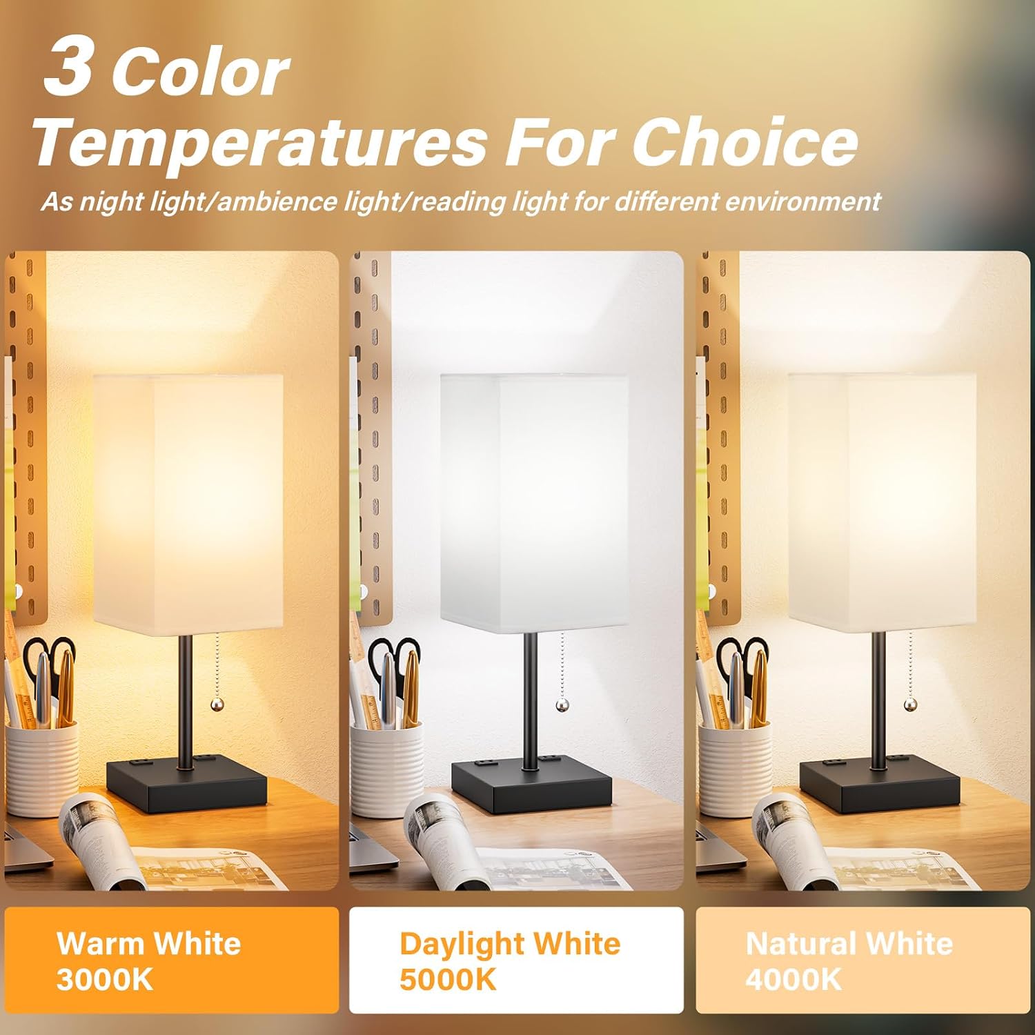 Aooshine White Medium Table Lamp with USB Ports - 3 Color Temperature Bedside Lamp for Bedroom, Pull Chain Control, USB A and C Ports, 2 AC…
