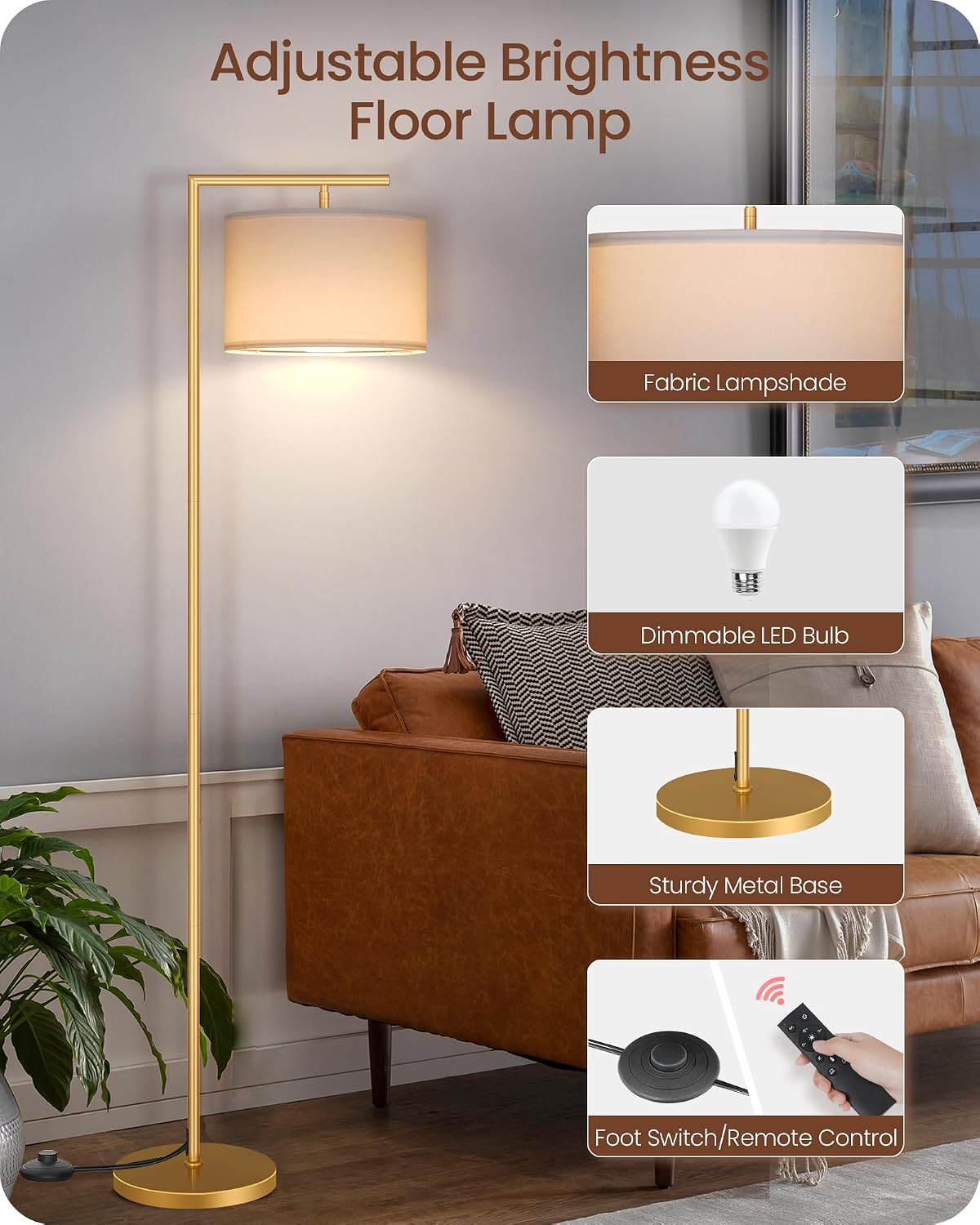 Goebleson Gold Dimmable Floor Lamp, Modern Arc Lamp with Remote, Standing Corner Light with Lampshade, Tall Reading Lighting for Bedroom, L…
