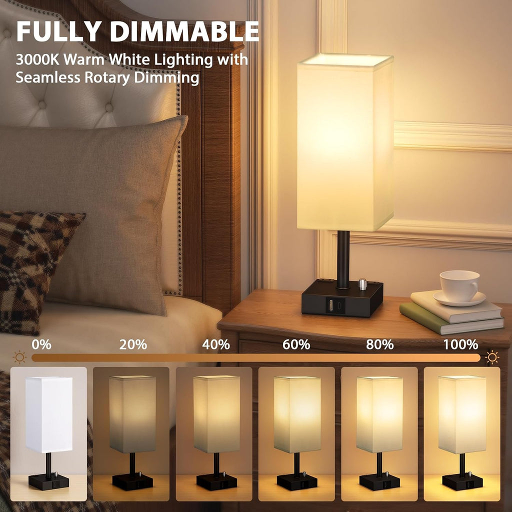 aooshine White Fully Dimmable Nightstand Lamps Set of 2 - Table Bedside Lamp with USB C+A Charging Ports & 2 AC Outlets, Square Lamp Sets…