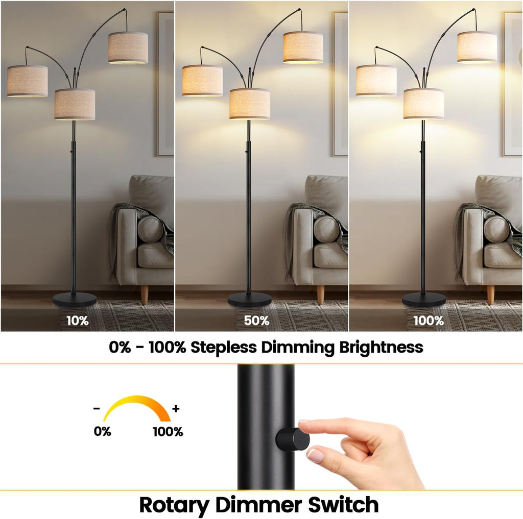 Dimmable Floor Lamp - 3 Lights Arc Floor Lamps for Living Room, 1000LM Modern Tall Standing Lamp with White Shades & Heavy Base, Mid…