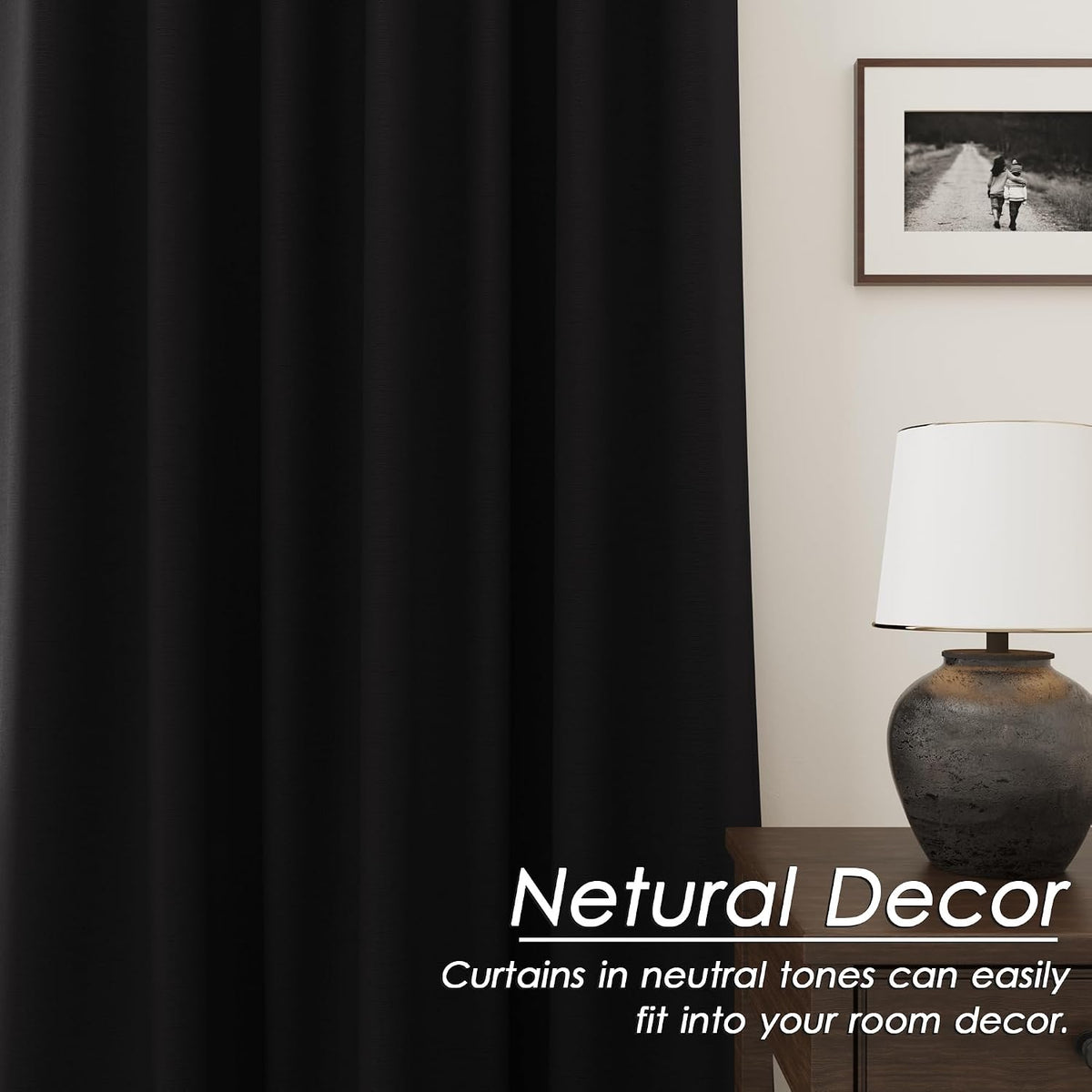 Nanspring Black 100% Blackout Linen Curtains for Bedroom 102 Inches Long Back Tab Thermal Insulated Vintage Farmhouse Decor Modern Black Ou…