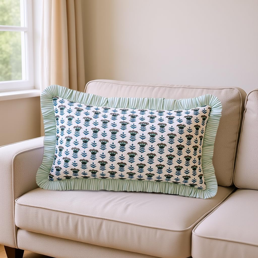 Ridhi Block Print Aquamarine Blue 20"x12" Set 1-100% Cotton Ruffle Lumbar Sham Cover Boho Floral Pillowcase, Farmhouse Cottagecore…