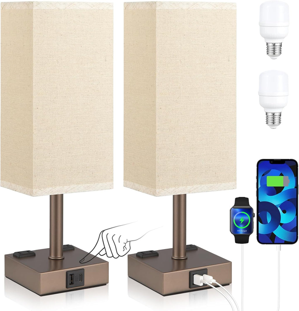 aooshine Brown Base Touch Lamps Set of 2 - Nightstand Lamp with USB-C + A Charge Ports & AC Outlets, 3-Way Dimmable Bedside Lamp, Small…