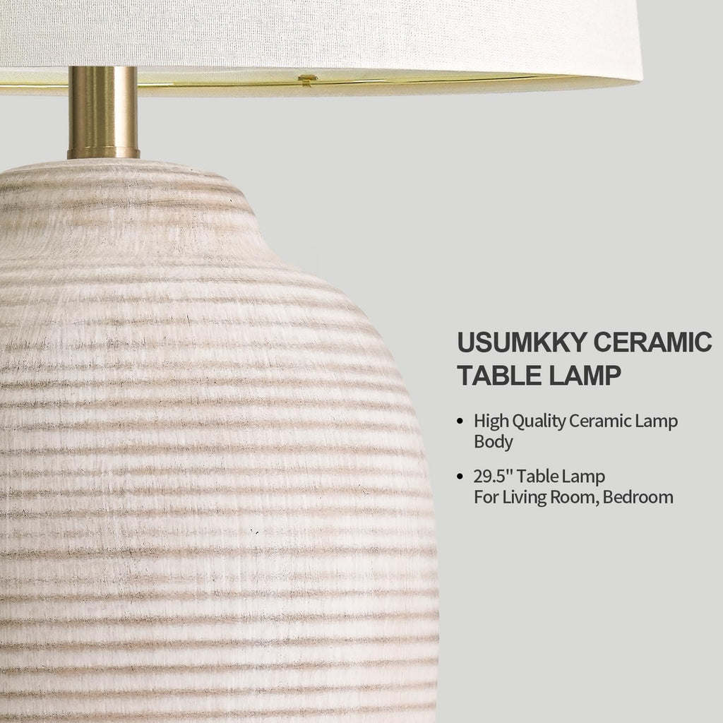 USumkky 29.5" Tall Vintage Ceramic Table Lamp with 5FT Cord - Single Large Rustic Farmhouse Bedside Lamp with Linen Shade & Natural Texture…
