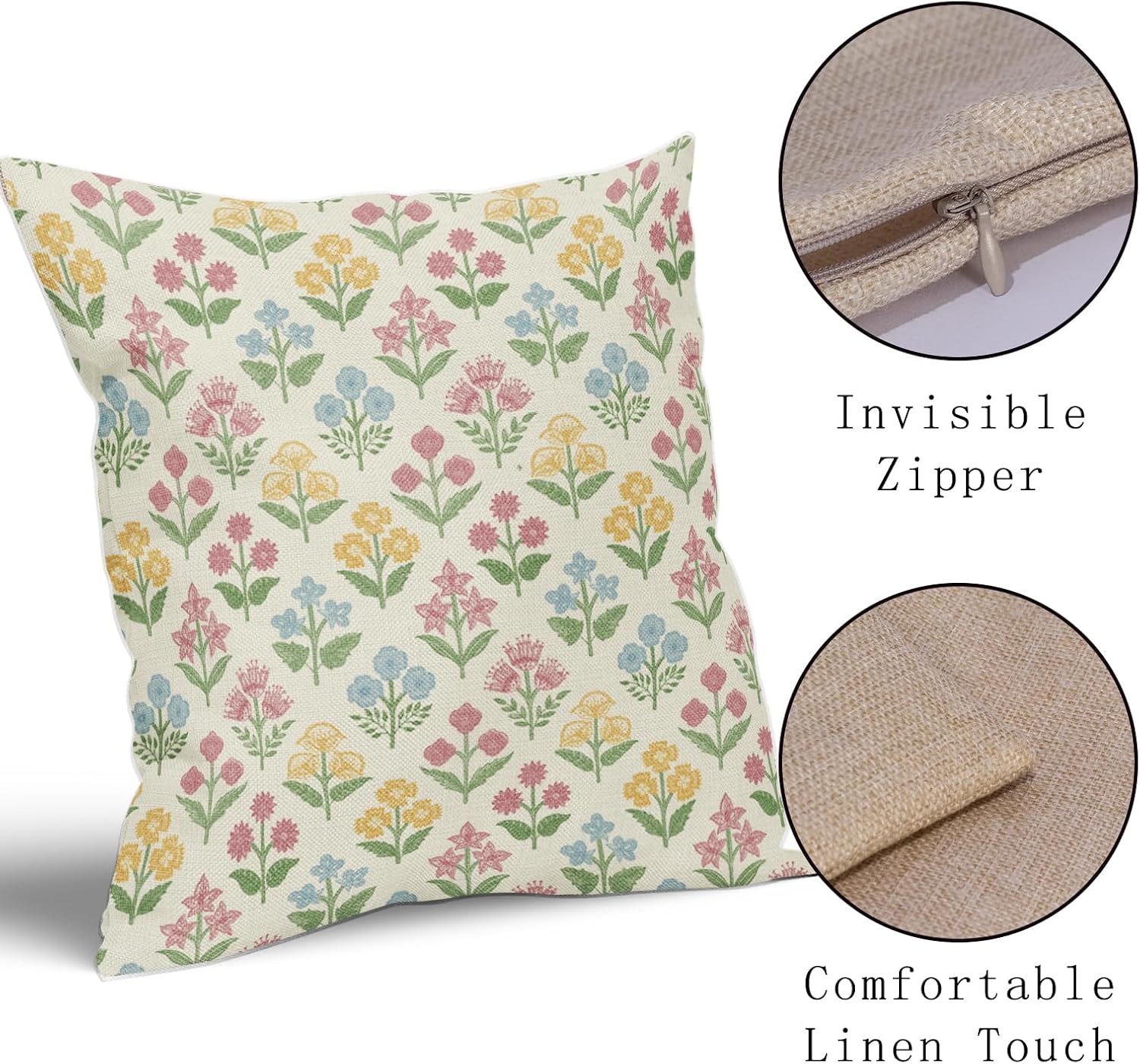 Spring Floral Block Print Pillow Covers 24x24 Inch Set of 2, Easter Decoration Pink Yellow Blue Flower Decorative Throw Pillowcases…