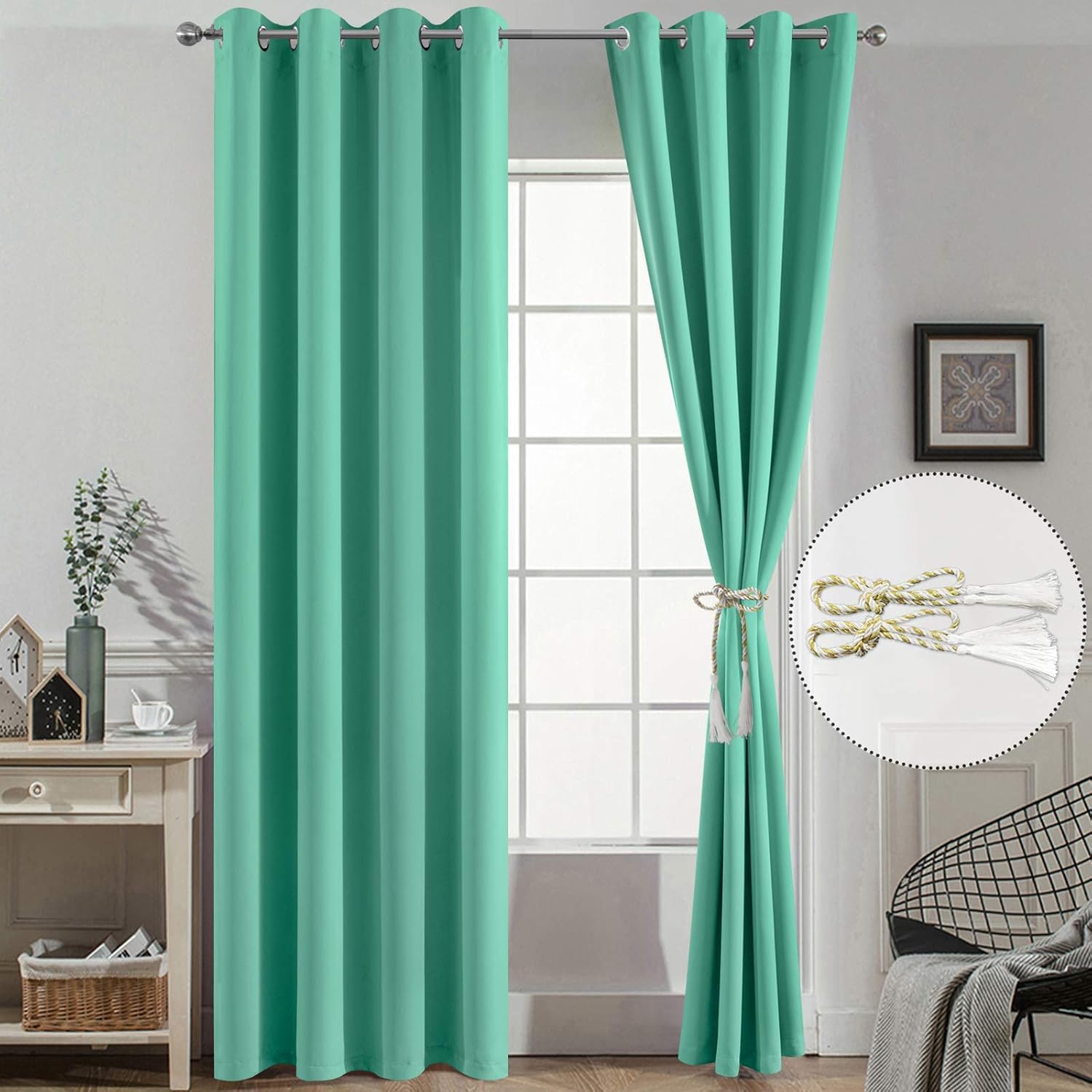 Yakamok 96 Inch Long Room Darkening Turquoise Blackout Curtains, Thermal Insulated Blackout Drapes with Grommet for Bedroom (52x96Inch, 2…