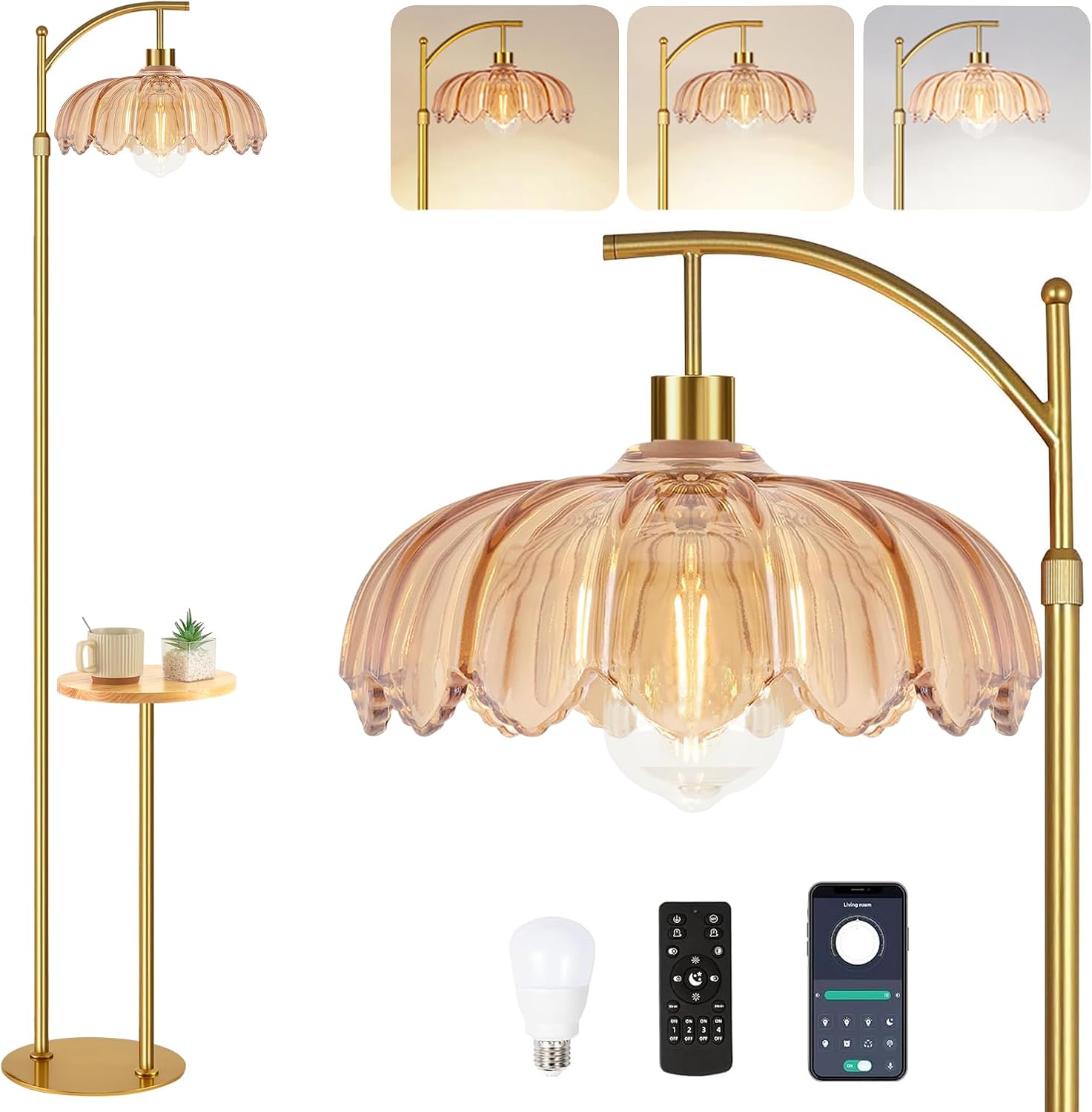 QIYIZM Gold Floor Lamp with Table and Shelves for Living Room Bedroom, Glass Standing Lamp with Remote Dimmable, Boho Brass Tall Lamp…