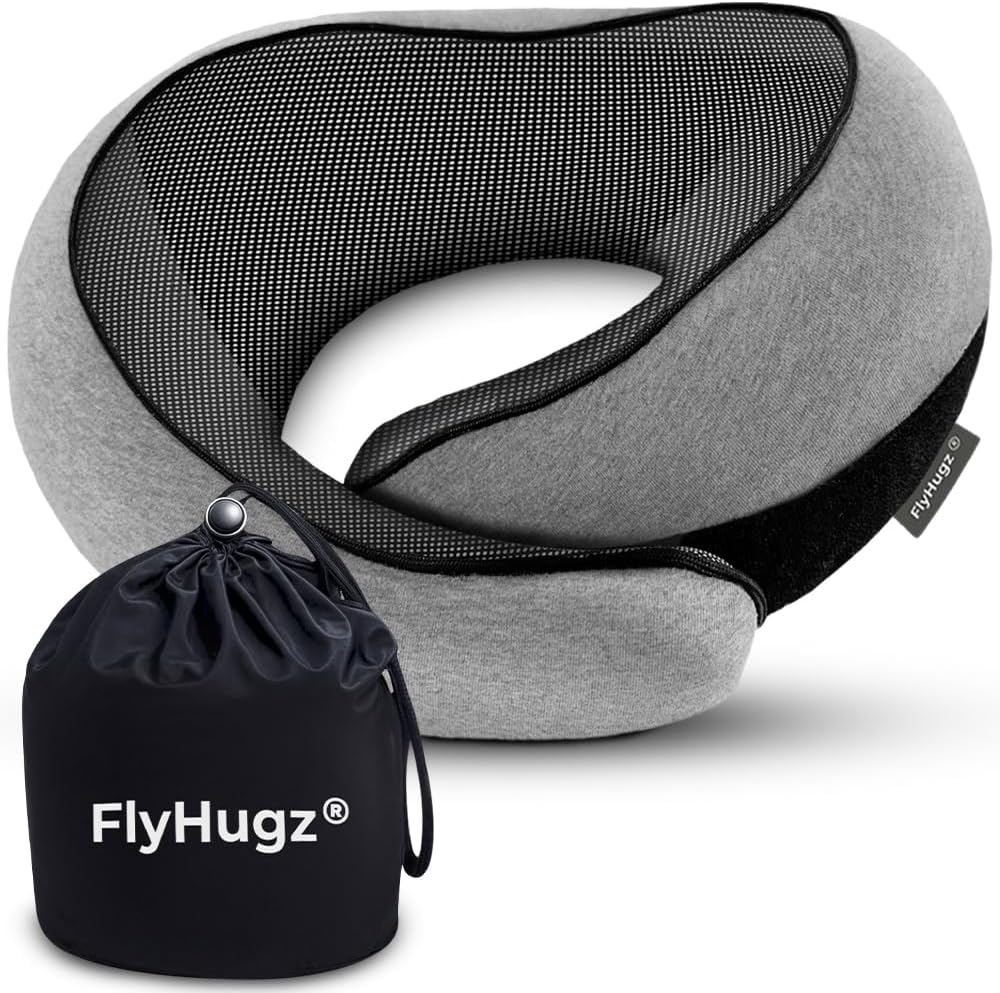FlyHugz® Neck Travel Pillow Memory Foam Neck Pillow for Comfort on Airplane Compact and Ergonomic Design for Travel, Car Rides, and Home…