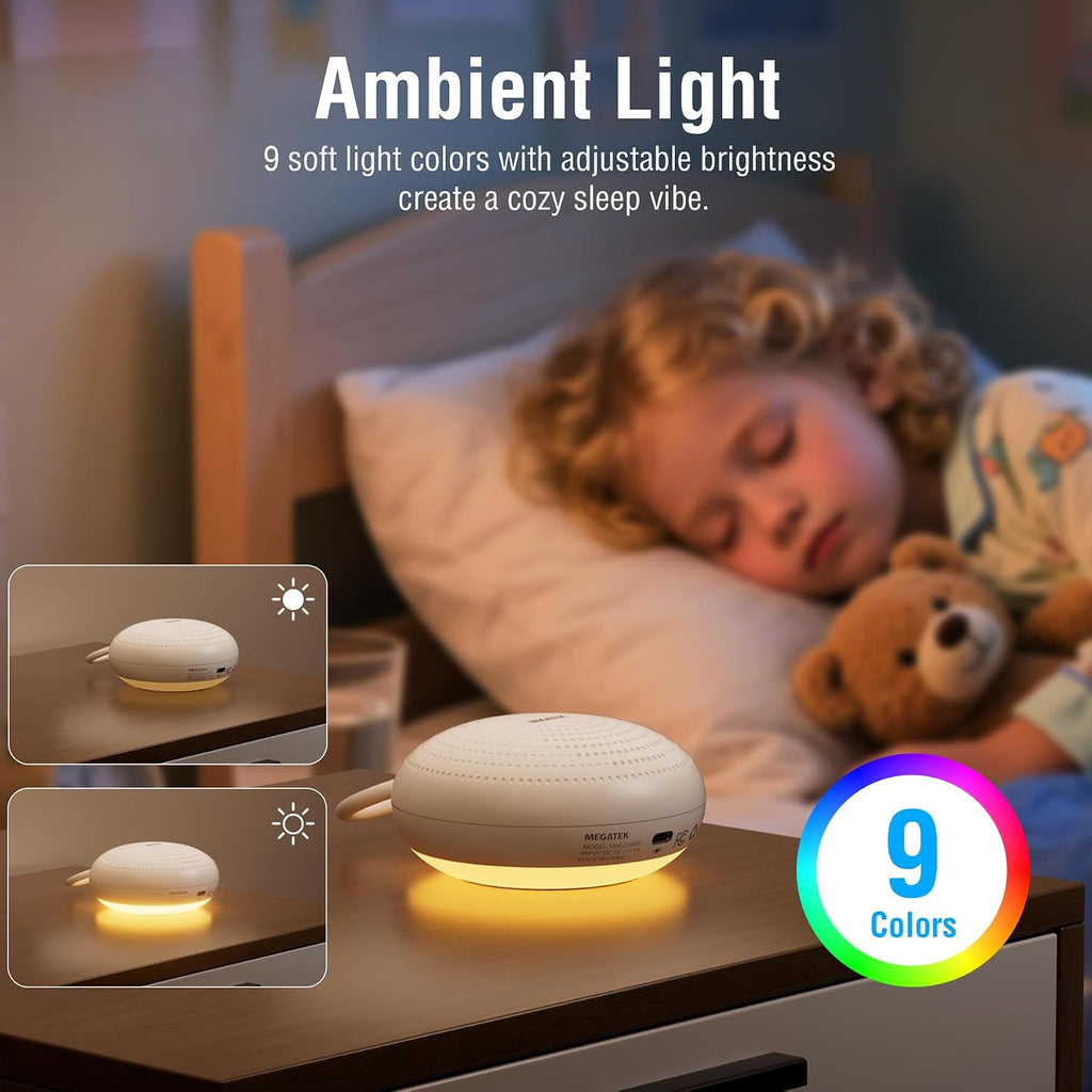 MEGATEK Sleep Sound Machine, 24 Soothing Sounds, 9 Color Dimmable Night Light, Bluetooth & 180s Voice Recording, 2000mAh Rechargeable…