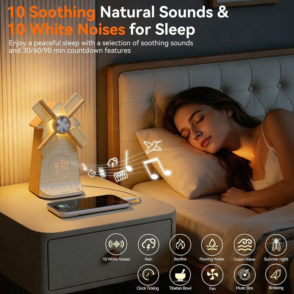 Reteyung Alarm Clock with Rotating Windmill, Sound Machine with Wake up Light, Snooze,10 Nature Sounds & 10 White Noises,15 Ringtones, USB Cha…