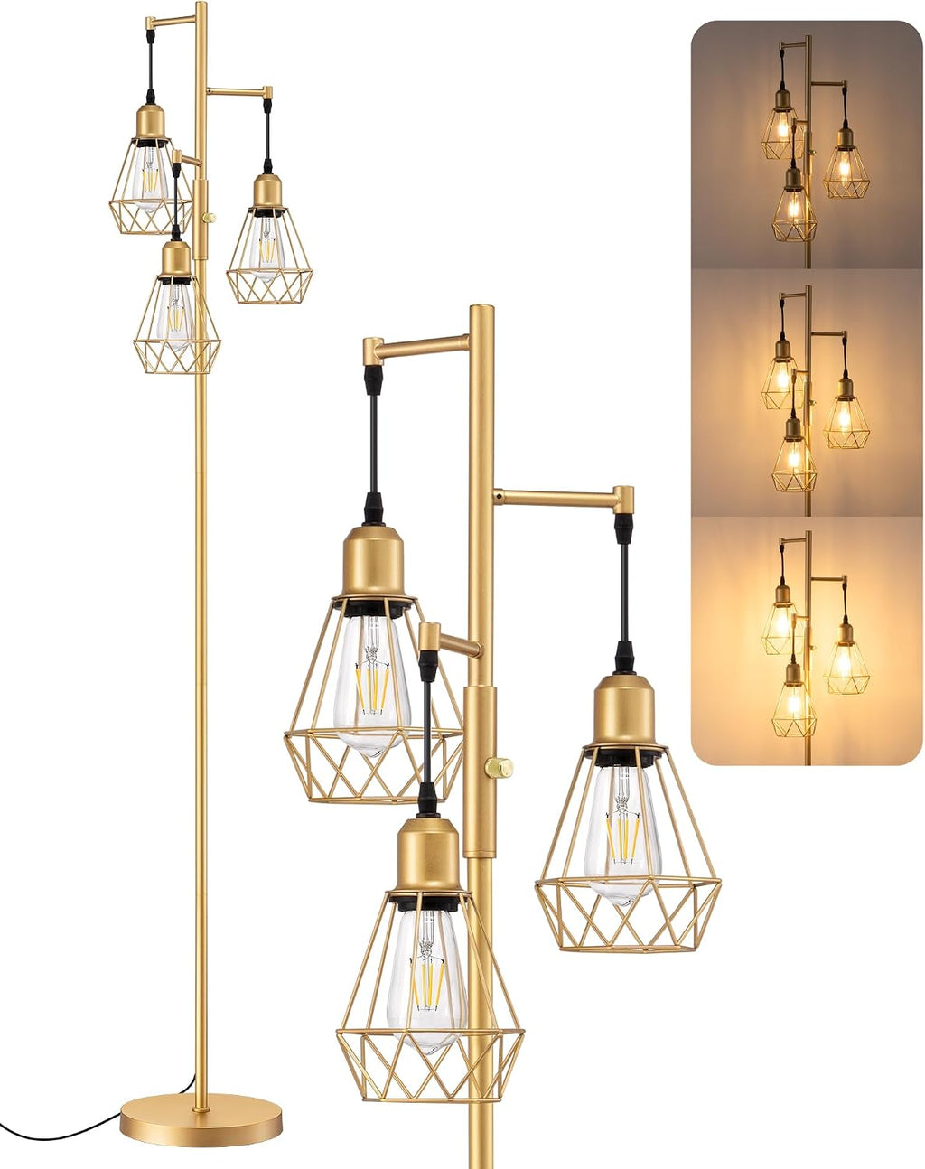 Edishine 70'' Dimmable Industrial Floor Lamp, Farmhouse Standing Lamps Diamond-Shaped Lampshade, 3 LED Edison Bulbs Included, Modern Rustic…