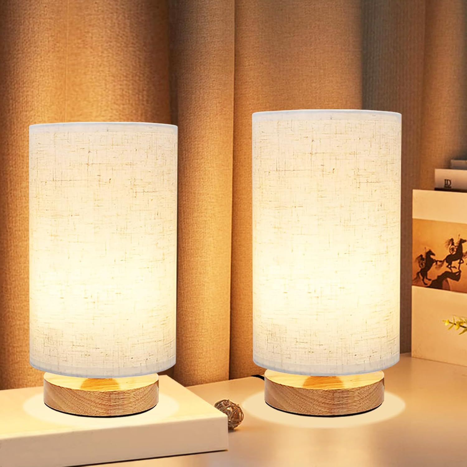 Small Bedside Table Lamp for Bedroom set of 2, Minimalist Wood Base & Round Fabric Shade, Mini Cute Cozy Warm Nightstand Boho Lamp set…