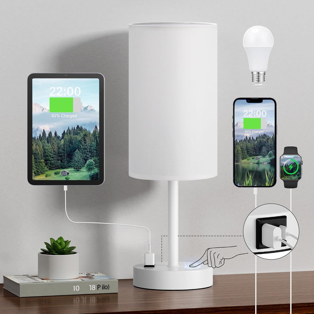 Fenmzee White Nightstand Bedroom Lamp - 3 Way Dimmable Bedside Lamp USB C A Charging Ports and AC Outlet, Small Table Lamp Linen…