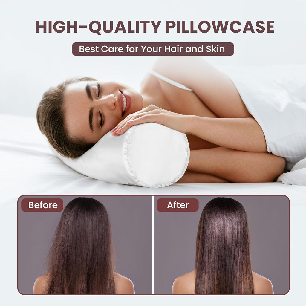 Noverlife 2 Pack 18x6 in White Silk Satin Neck Roll Pillow Cases, Neck Bolster Pillow Covers Round Neck Pillowcases for Hair & Skin…