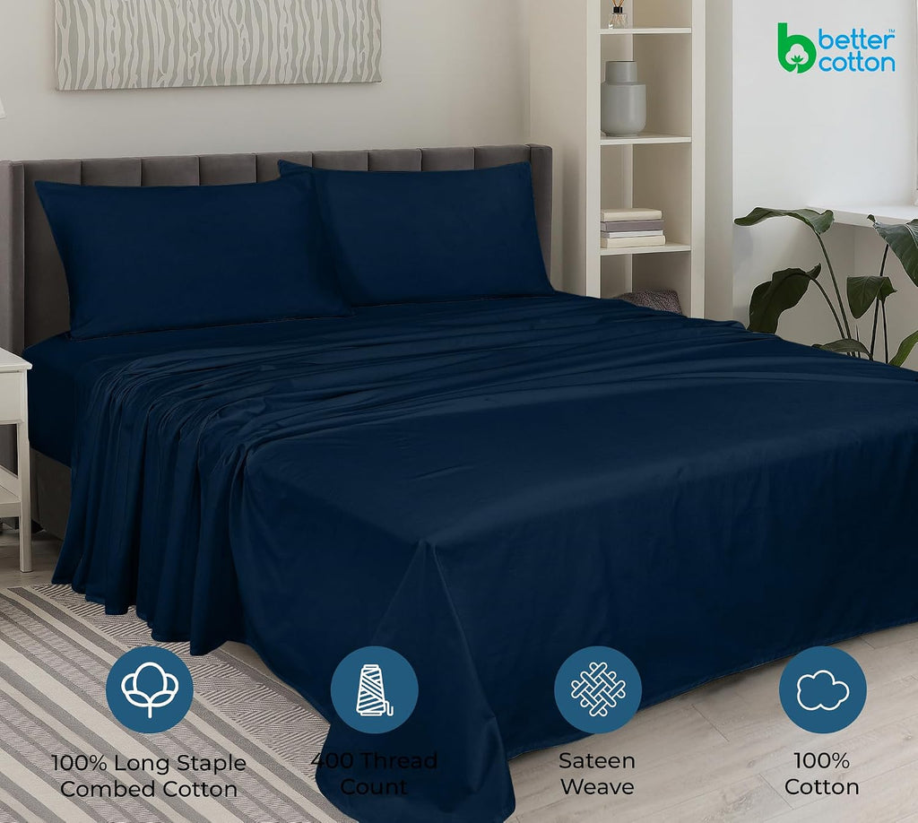 Royalelinens ROYALE LINENS 400 Thread Count 100% American Grown Cotton 4 Piece Sateen King Sheet Set - 1 Fitted Sheet, 1 Flat Sheet, 2 Pill…