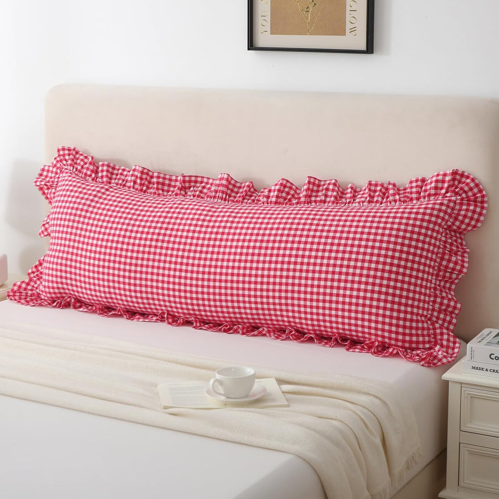 Silnuo Gingham Ruffle Body Pillow Cover, Washed Cotton Red/White Plaid Checkered Long Pillowcase Vintage Pillow Sham-20" x 54" Cotton Red