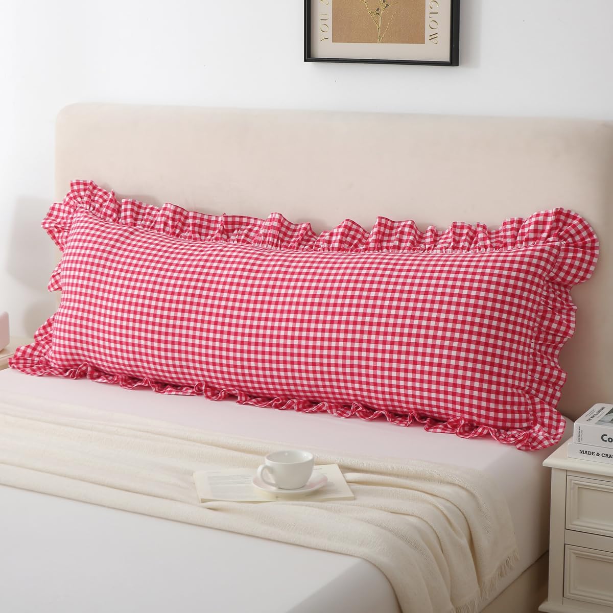 Silnuo Gingham Ruffle Body Pillow Cover, Washed Cotton Red/White Plaid Checkered Long Pillowcase Vintage Pillow Sham-20" x 54" Cotton Red