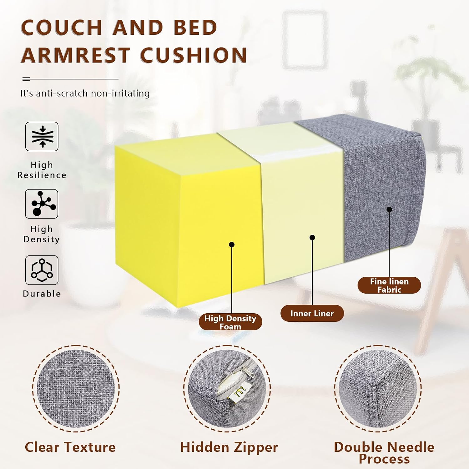 MMuteTouch 2 Pack Couch Arm Rest Pillow, 8''x8''x20'' Linen Cover, High Density Foam Armrest Cushion, Removable & Washable Elbow Support fo…