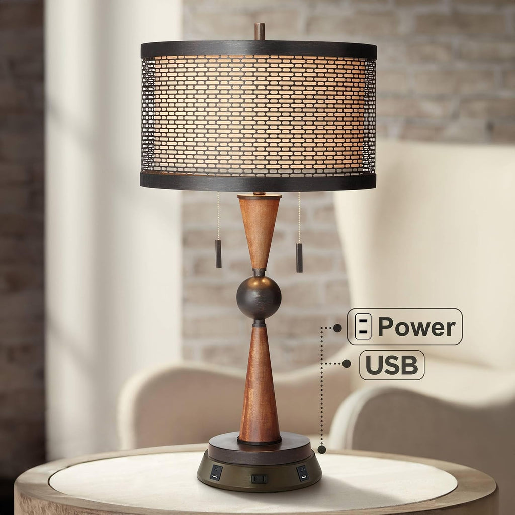 Franklin Iron Works Hunter Rustic Farmhouse Table Lamp with USB and AC Power Outlet Workstation Charging Base 28.75" Tall Bronze Cherry…