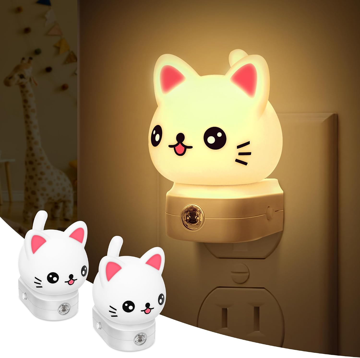 Cat Night Lights Plug Into Wall [2 Pack], Cute Night Light for Kids, 8-Color RGB LED Night Light, Nightlight with Dusk to Dawn Sensor for…