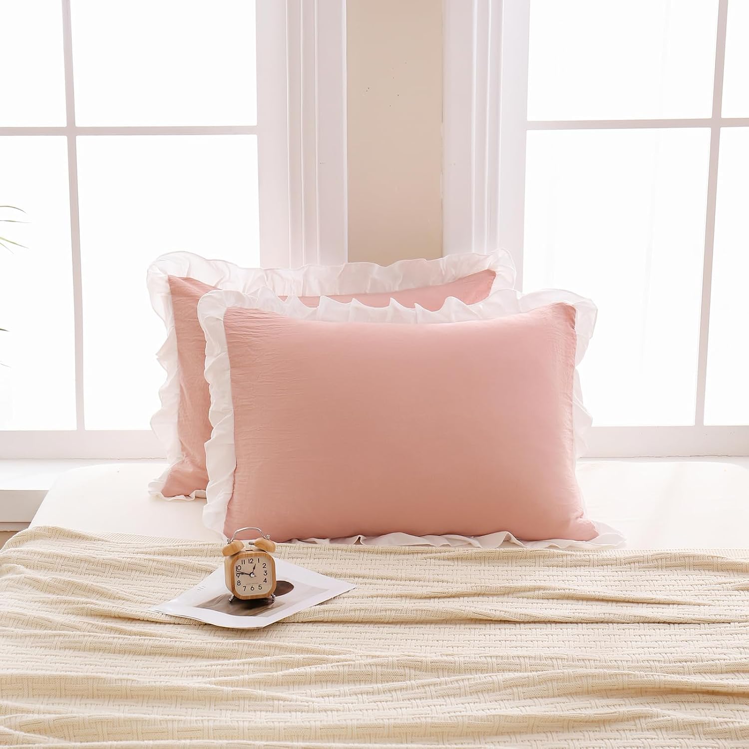 Merryword Pink Pillow Shams Pink and White Reversible King Pillowcases Cute Pillow Cover Set of 2 Soft Shabby Chic Ruffled Pillowcases 2 Pa…