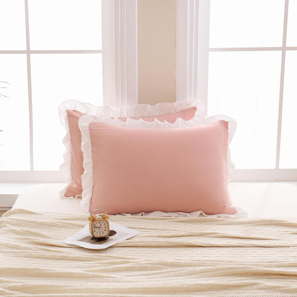 Merryword Pink Pillow Shams Pink and White Reversible Queen Pillowcases Cute Pillow Cover Set of 2 Soft Shabby Chic Ruffled Pillowcases 2 P…