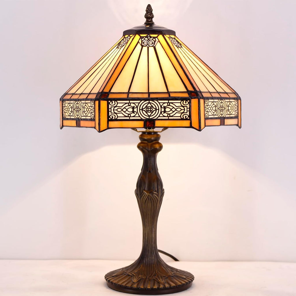 WERFACTORY Tiffany Lamp Yellow Hexagon Stained Glass Mission Style Table Lamp Desk Bedside Reading Light 12X10X18 Inches Decor Bedroom…