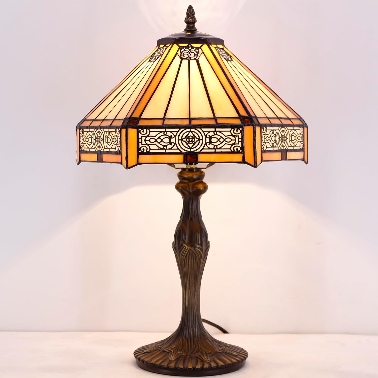 WERFACTORY Tiffany Lamp Yellow Hexagon Stained Glass Mission Style Table Lamp Desk Bedside Reading Light 12X10X18 Inches Decor Bedroom…