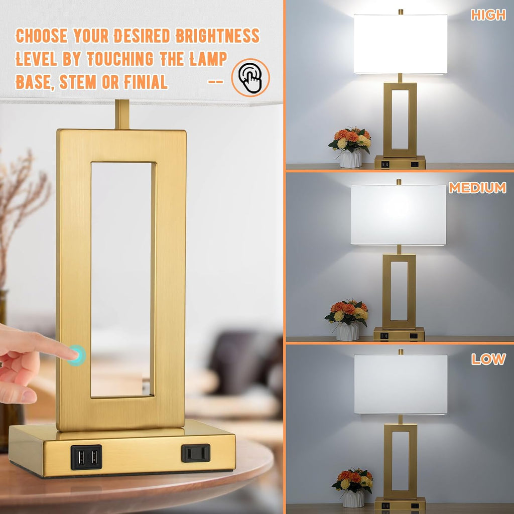 Tobusa Modern Vintage Gold Table Lamp Set of 2, 28inch Tall Lamps for Living Room Bedroom with 2 USB Ports&AC Outlet, 3 Way Dimmable Touch…
