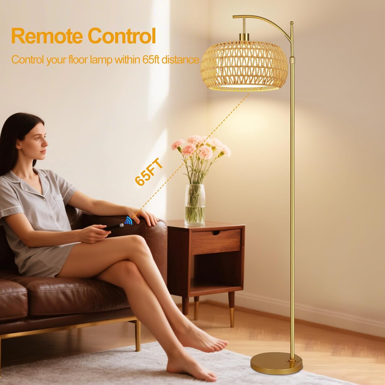 ZECOXOL Gold Floor Lamps for Living Room Rattan Boho Floor Lamp with Remote Control & 3 Color Temperature, Dimmable Arc Floor Lamps Brass…