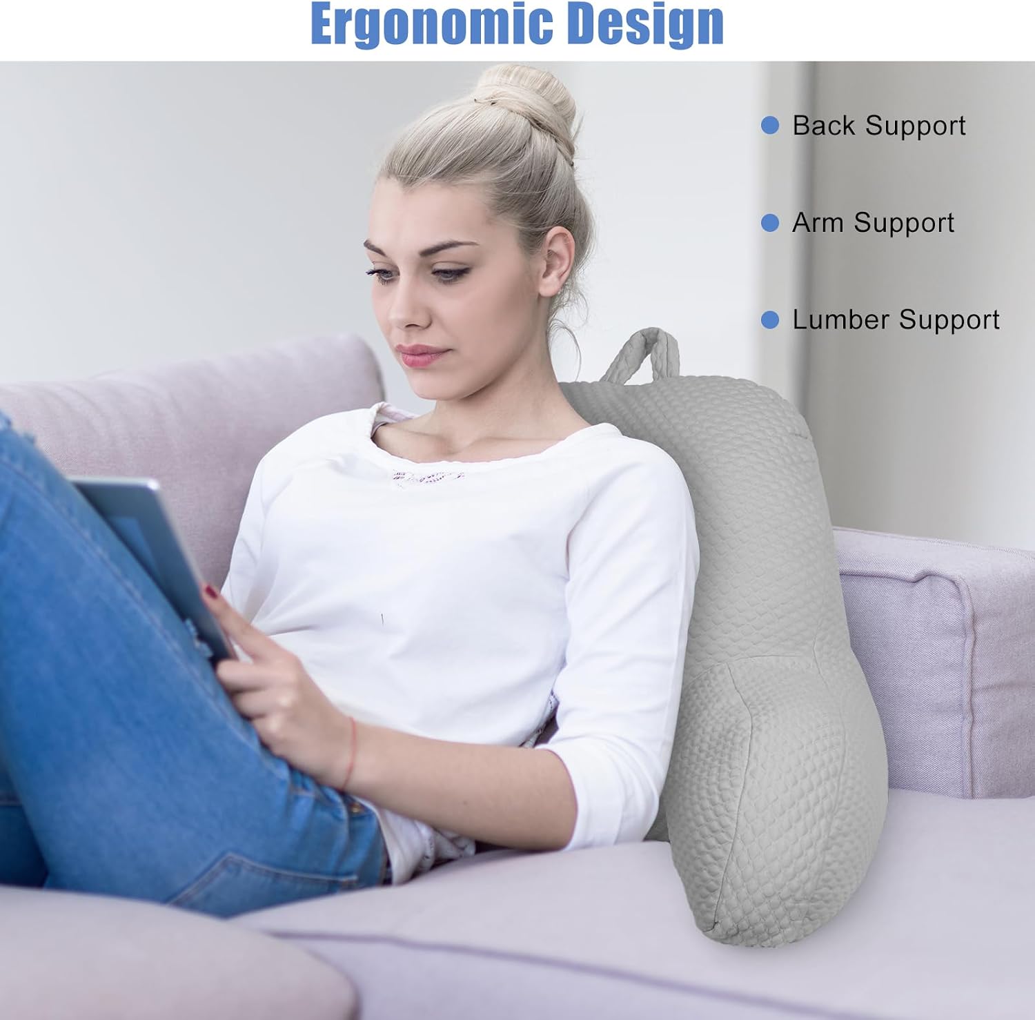 Reading Pillow, Ice Silk Bean Back Support Pillow for Bed Sitting Up, Large Bed Rest Pillow with Arms for Adults, Back Support Pillow for…