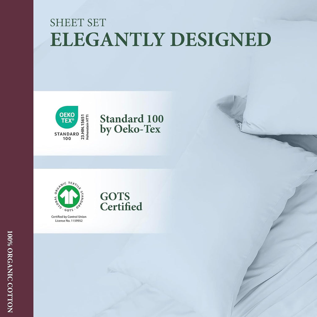 AshtonSheets 100% Organic Cotton Sheets Twin Size - Organic Cotton Twin Size Percale Weave Sheet Set (3 PC, Light Blue), Soft, Cooling, Cri…