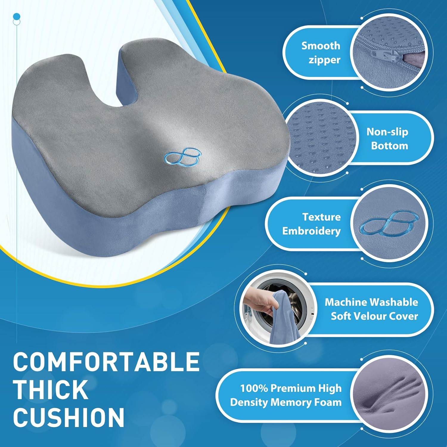 BlissTrends Seat Cushion,5.2in Thick Memory Foam Cushions for Office Chair, Car Seat, Airplane, Relieving Pressure Tailbone Sciatica Back P…