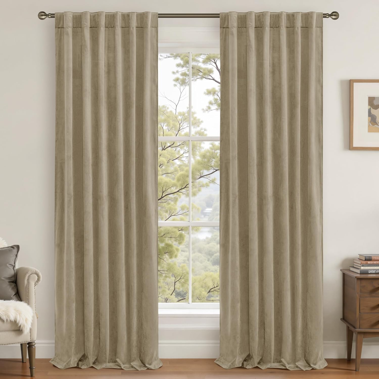 Lamit Dark Taupe Velvet Curtains 120 Inch for Living Room, Thick Thermal Insulated Drapes Room Darkening Country Decor Back Tab and Rod Poc…