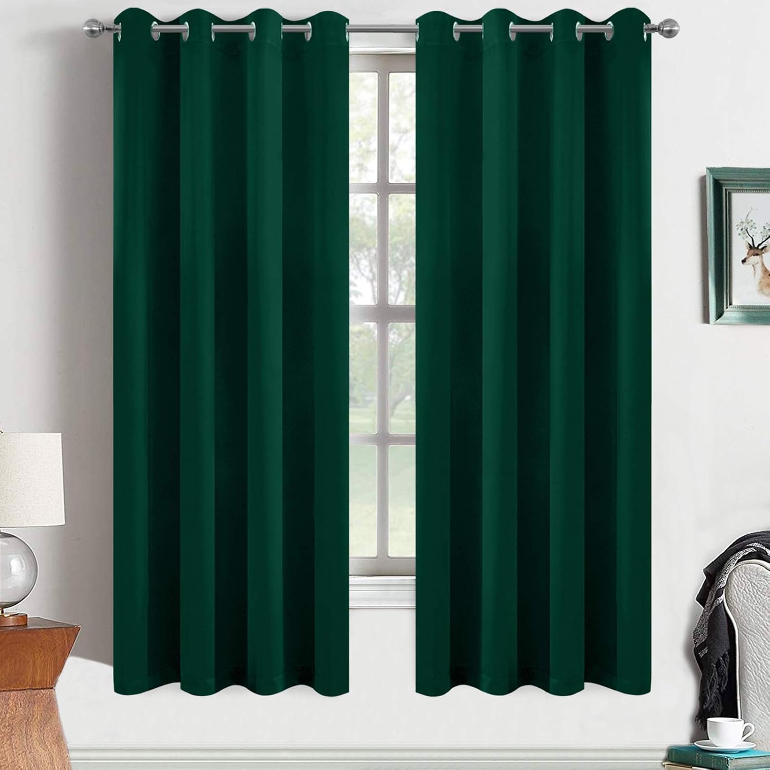 Yakamok 63 Inch Long Dark Green Blackout Curtains Room Darkening Thermal Insulated with Grommet Blackout Drapes for Bedroom, 52Wx63L…