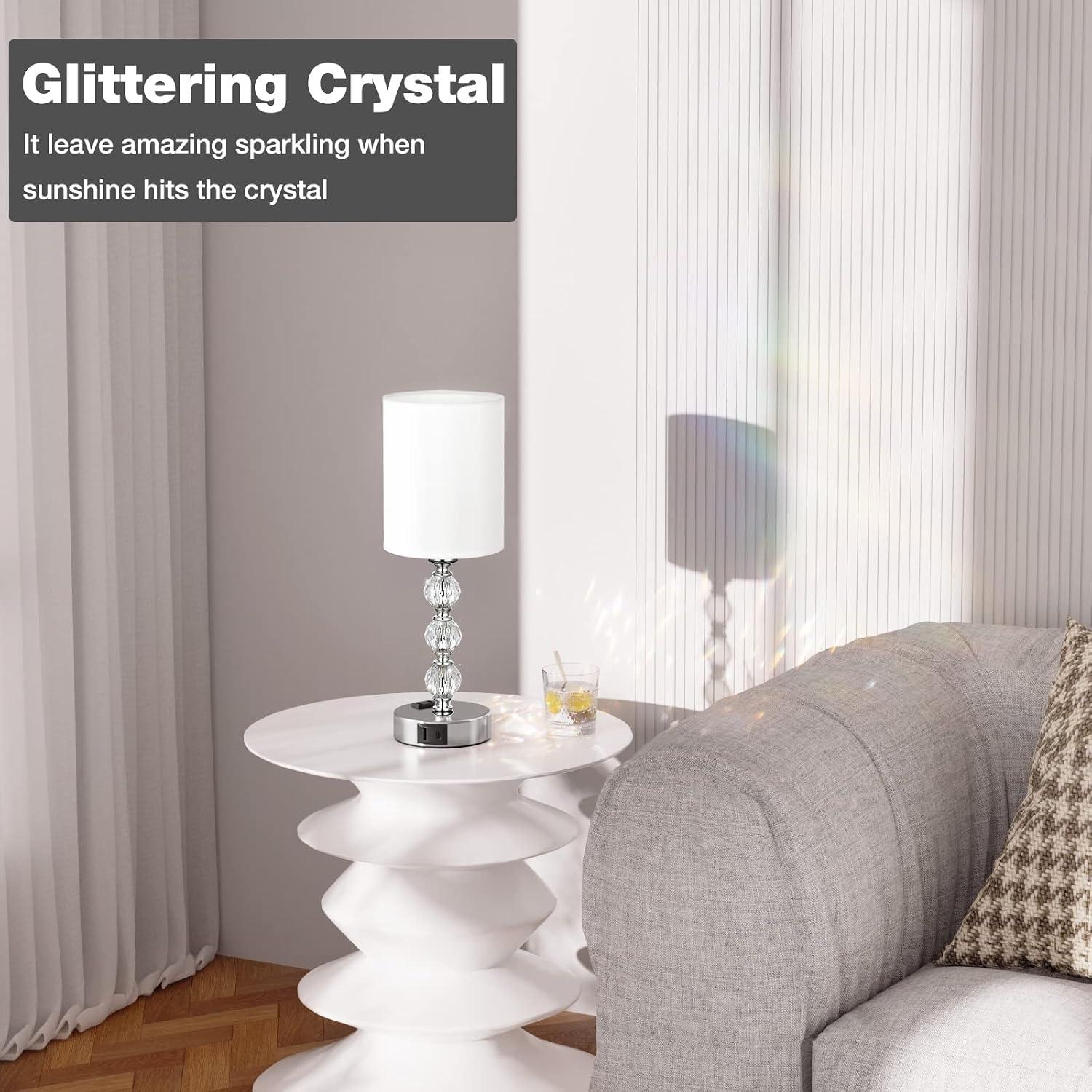 Touch Bedside Crystal Lamps for Bedrooms Nightstand with USB C+A Charging Port and AC Outlet White, 3 Way Dimmable Silver Small End Side…