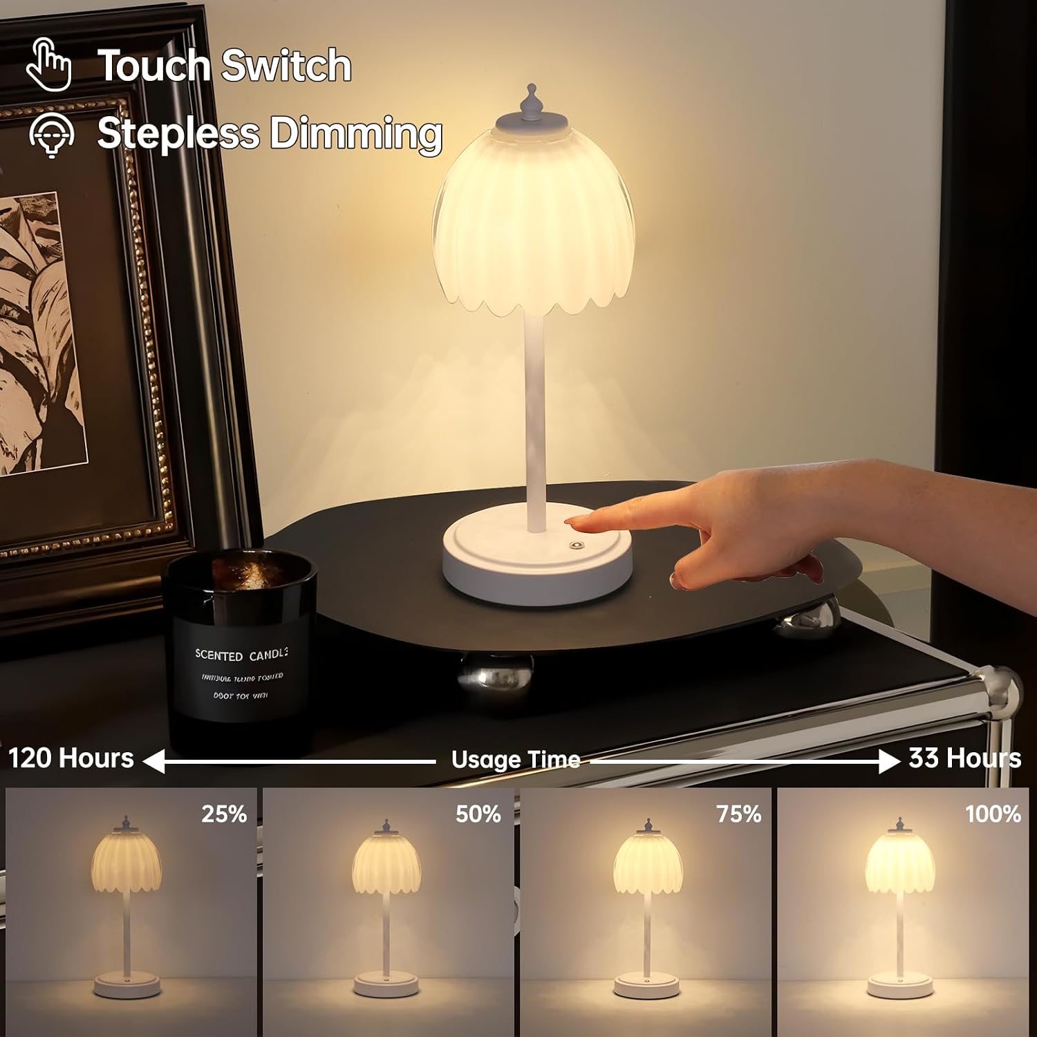 Shenmoyl Tulip Table Lamp with 5200mAh Battery & Touch Control, Cordless Small Table Lamp with 3 Colors, Dimmable Rechargeable Table…