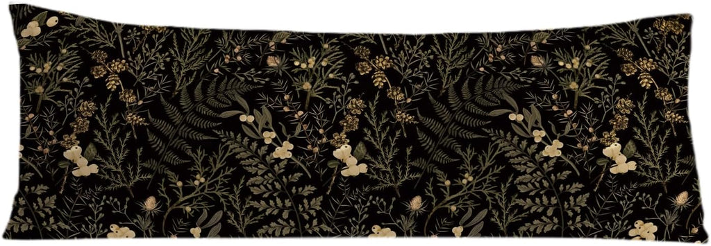 Moody Floral Botanical 20x54 Body Pillow Cover, Dark Aesthetic Room Decor, Rustic Dark Cottagecore Gold Plants Flower Botanical…