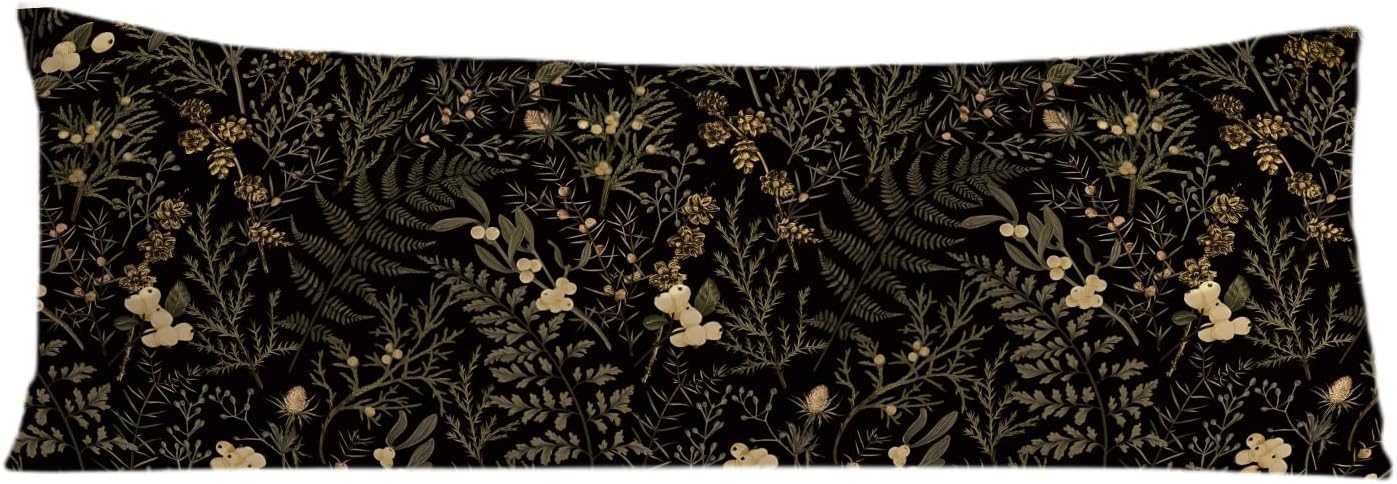 Moody Floral Botanical 20x54 Body Pillow Cover, Dark Aesthetic Room Decor, Rustic Dark Cottagecore Gold Plants Flower Botanical…