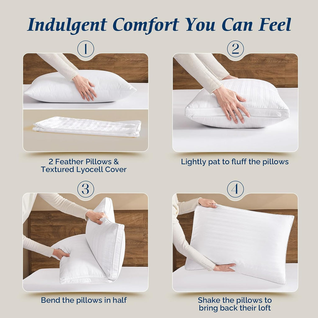 Downluxe Goose Feather and Down Pillows - 2 Pack Gusseted Hotel Collection Feather Pillows Set of 2 for Back, Stomach or Side Sleepers, Que…