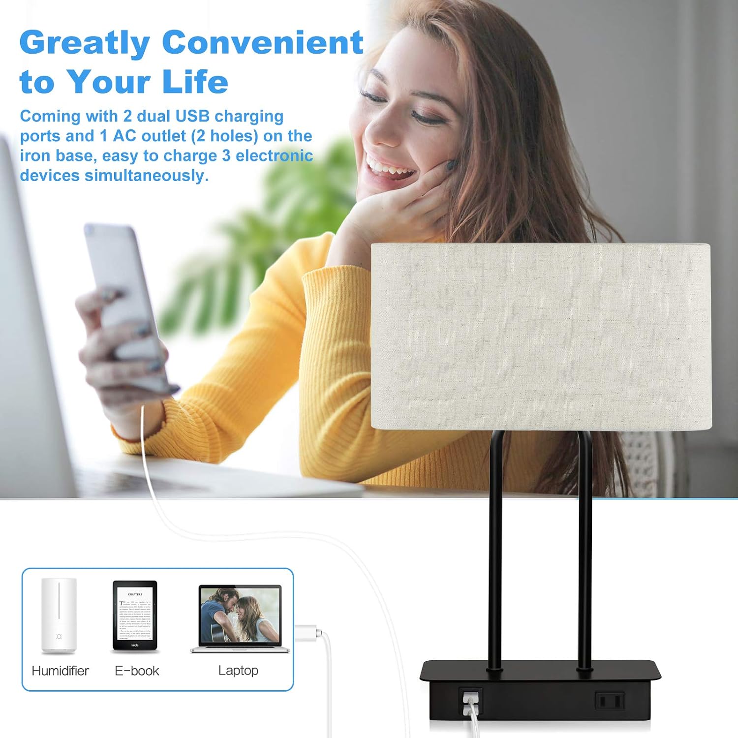 Bedside Touch Control Table Lamp with Dual USB Charging Ports 1 AC Outlet, 3 Way Dimmable Modern Nightstand Lamp with Cream Fabric Shade…