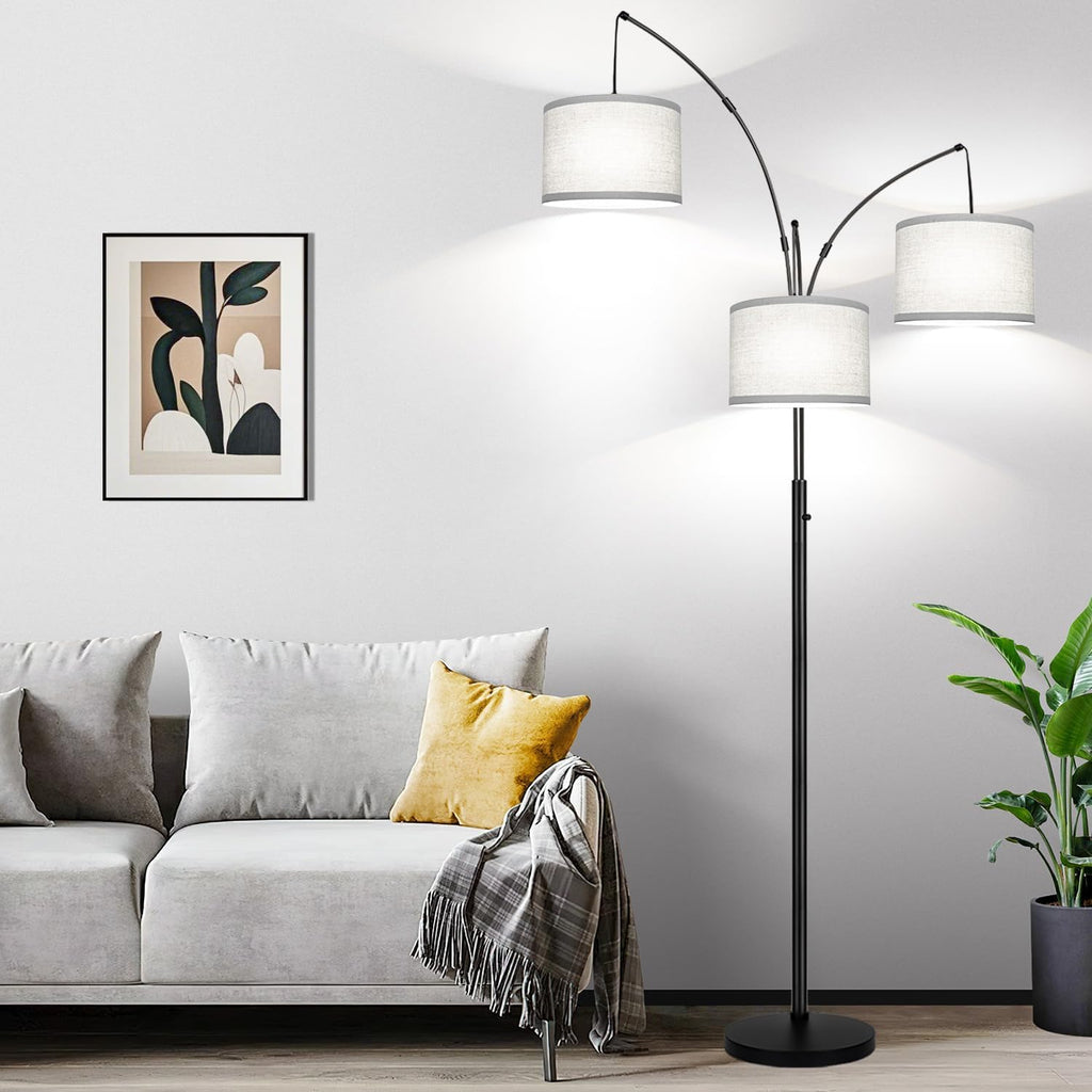 Dimmable Floor Lamp, 3 Lights Black Arc Floor Lamp, Modern Tall Standing Tree Lamp with Grey Linen Shades & Heavy Base, 3000LM LED Bulbs…