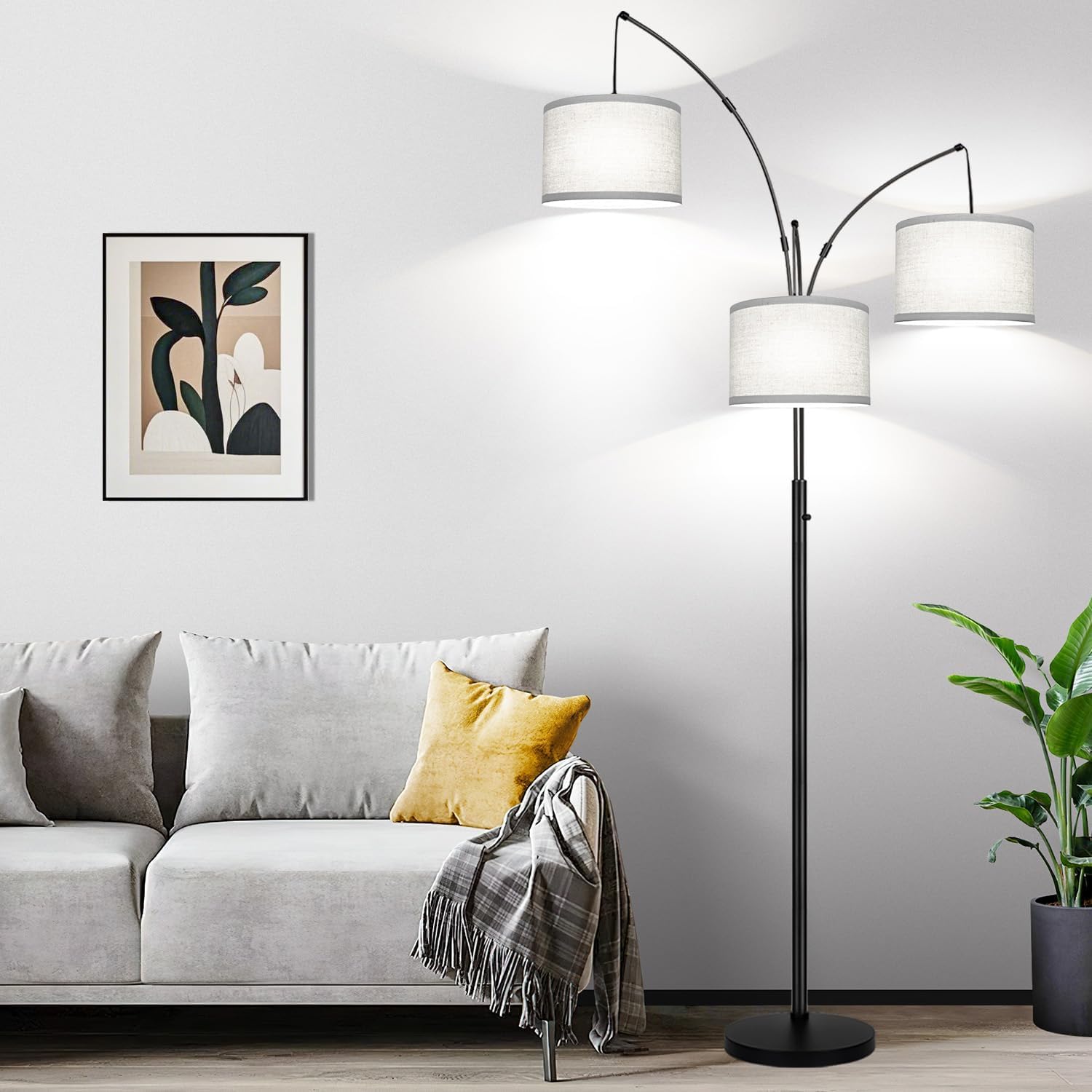 Dimmable Floor Lamp, 3 Lights Black Arc Floor Lamp, Modern Tall Standing Tree Lamp with Grey Linen Shades & Heavy Base, 3000LM LED Bulbs…