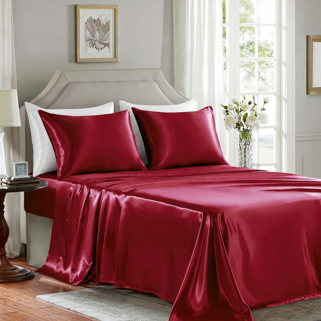Golal Satin Sheets King Size - 4 Pieces Luxury Silky Soft Bed Sheets, Wrinkle-Free Burgundy Satin Silk Sheet Set with 1 Deep Pocket Fitted…