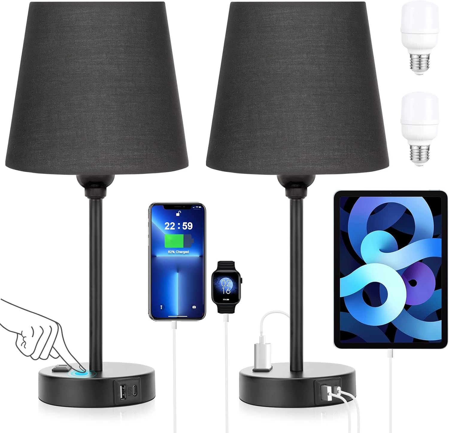 Black Lamp for bedrooms Set of 2 - Nightstand Bedroom Lamp with USB C Port and AC Outlet Charging, 3 Way Dimmable Touch Control Bed Side…