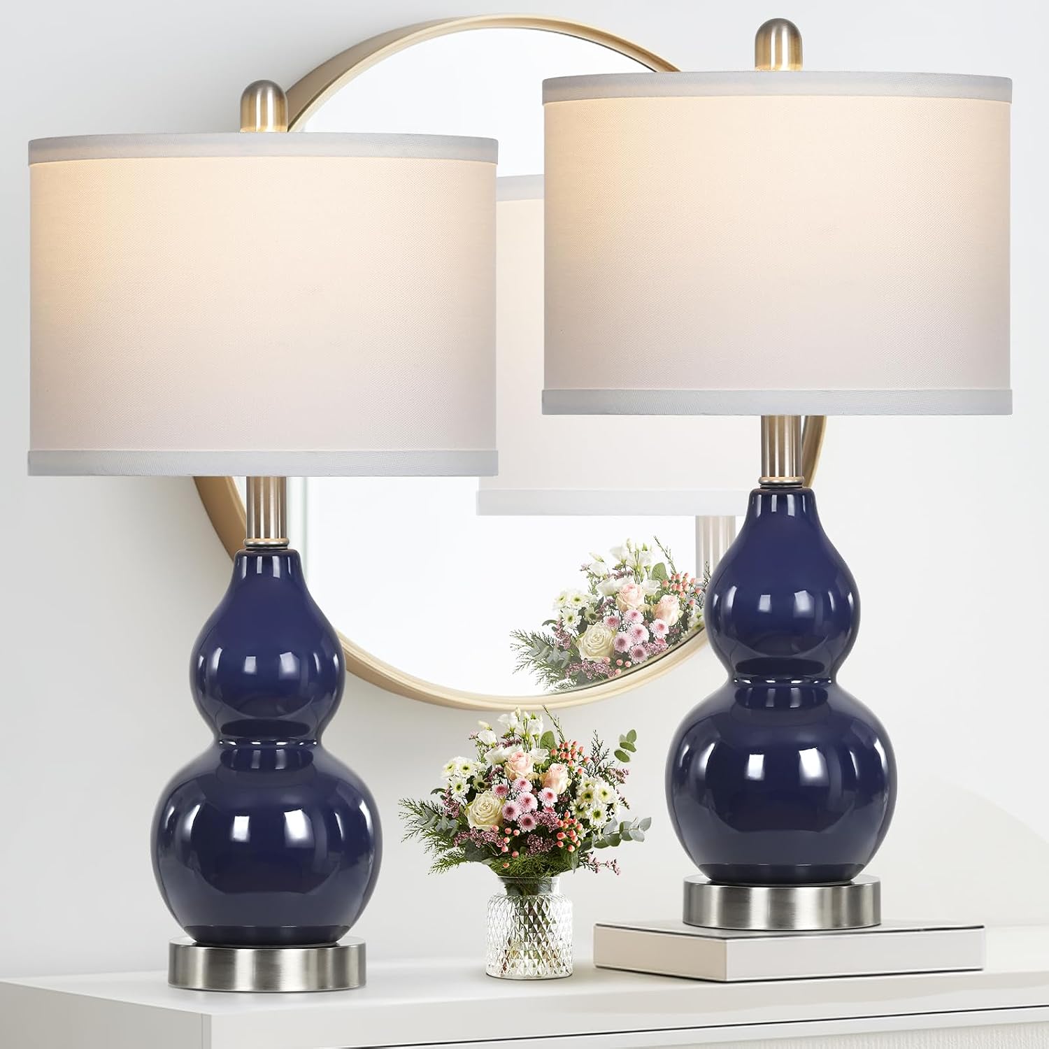 Rinweey Double Gourd Ceramic Table Lamps Set of 2, Modern Navy Blue Bedside Lamps for Night Stand, Contemporary Nightstand Lamps for…