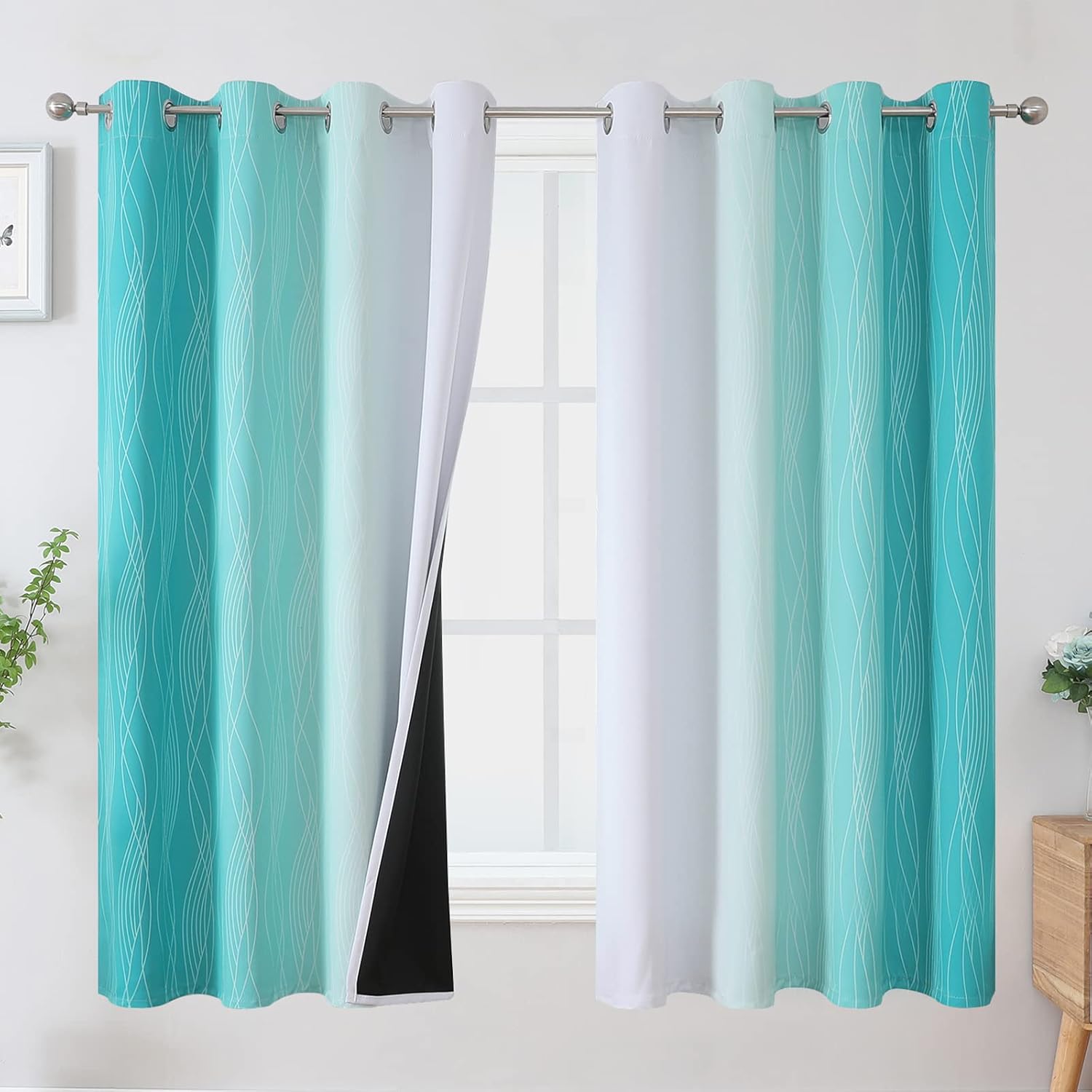 Estelartextiler Estelar Textiler Teal and Greyish White Blackout Curtains 63 Inches Long, Room Darkening Grommet Curtains for Bedroom, Ther…