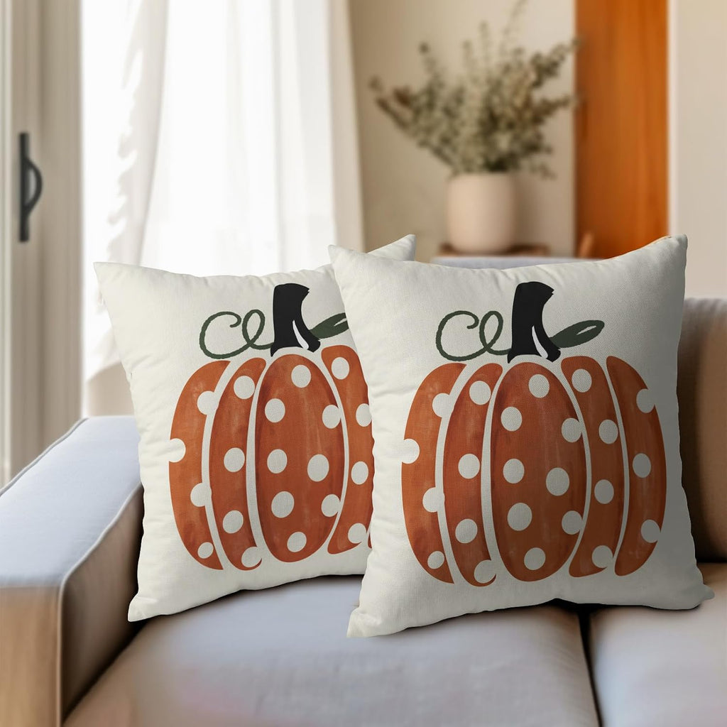 Fall Pumpkin Throw Pillow Cover 16X16 Inch Set of 2 Autumn Orange Pumpkin Outdoor Pillow Cases Polka Dot Beige Thanksgiving Farmhouse…