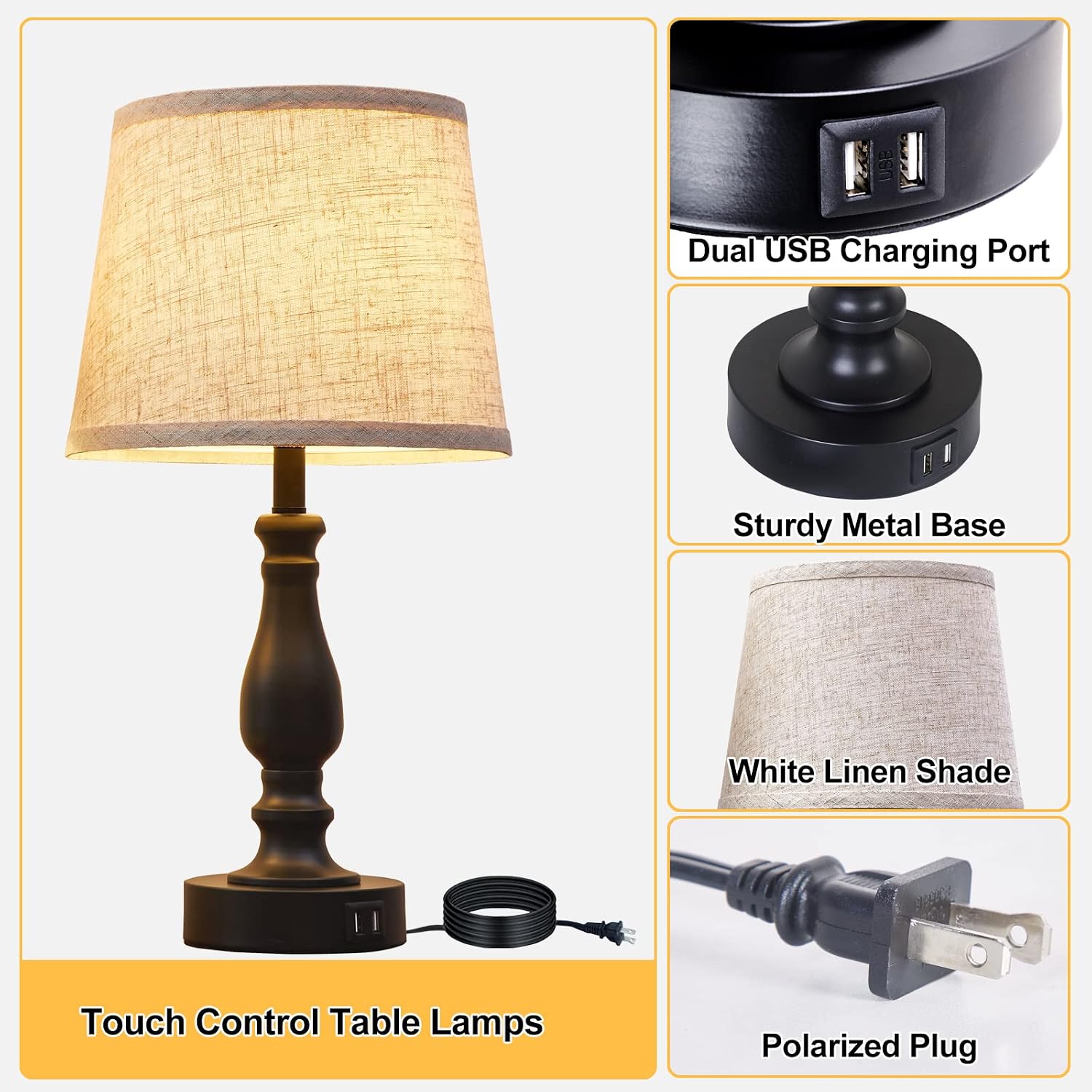 EJIAXIN Table Lamps Set of 2, Bedside Nightstand Lamps with USB Charging Ports, Dimmable Touch with Linen Fabric Lampshade, Modern Small…
